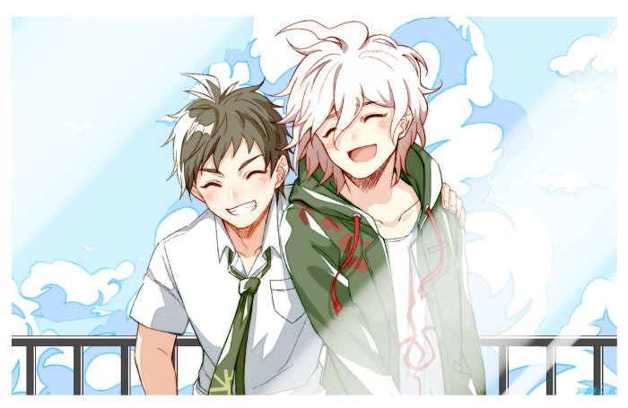 2boys :d ahoge blush border breast_pocket brown_hair closed_eyes clouds cloudy_sky collarbone collared_shirt commentary_request dangan_ronpa_(series) dangan_ronpa_2:_goodbye_despair green_jacket green_neckwear grin hair_between_eyes hands_on_another's_shoulder hinata_hajime hood hood_down hooded_jacket jacket komaeda_nagito male_focus meipoi multiple_boys necktie open_clothes open_jacket open_mouth pocket print_shirt railing shiny shiny_hair shirt sky smile upper_body white_border white_hair white_shirt