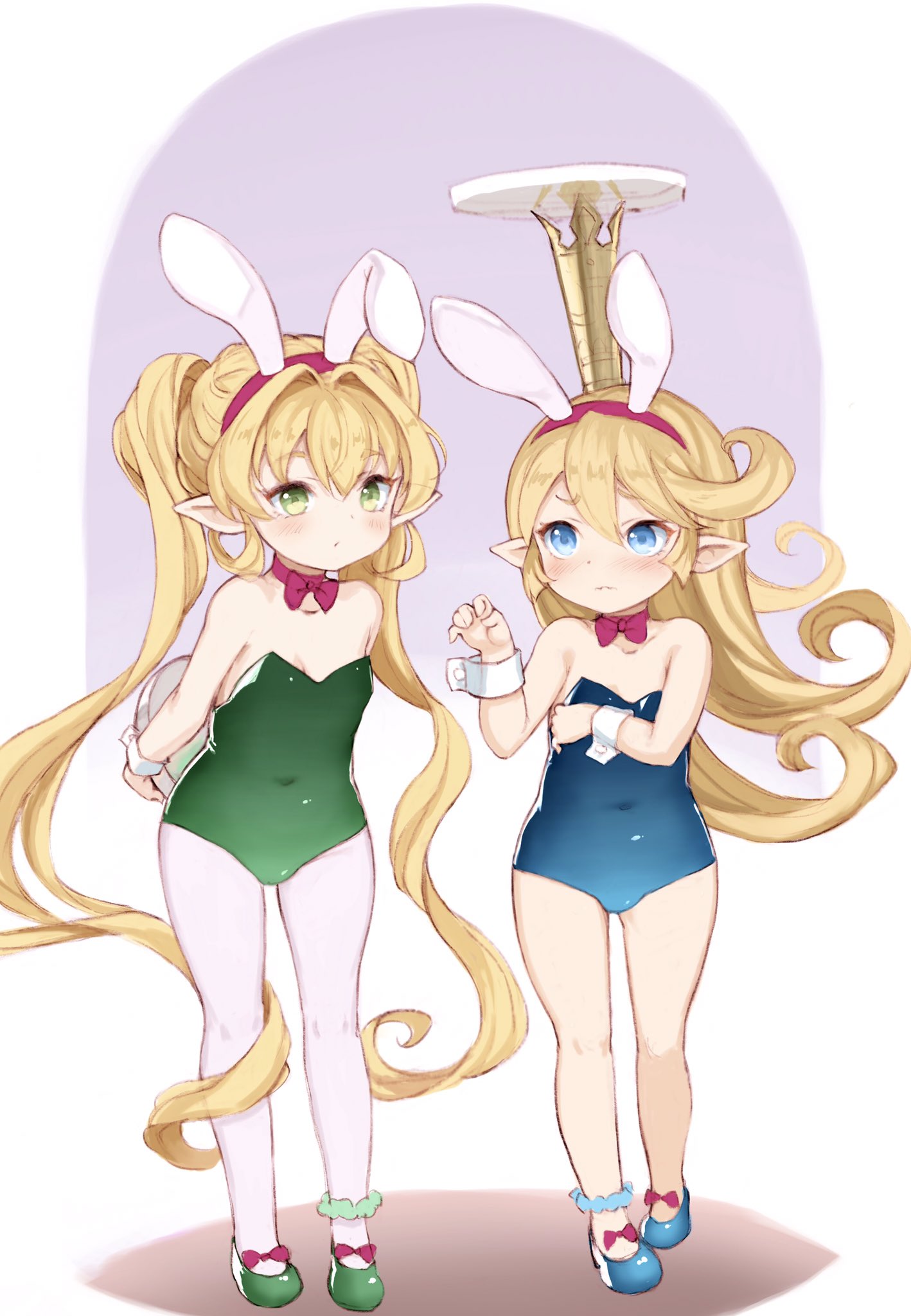 2girls animal_ears blonde_hair blue_eyes bow bowtie charlotta_fenia crown granblue_fantasy green_eyes hairband harvin highres long_hair m-eine melissabelle multiple_girls pantyhose playboy_bunny pointy_ears rabbit_ears tray twintails very_long_hair