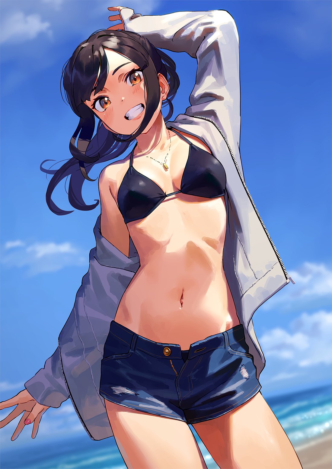 1girl beach bikini bikini_top black_bikini black_hair blue_sky denim denim_shorts highres jacket jewelry kinta_(distortion) long_hair looking_at_viewer midriff navel necklace open_mouth original short_shorts shorts sky smile solo swimsuit yellow_eyes