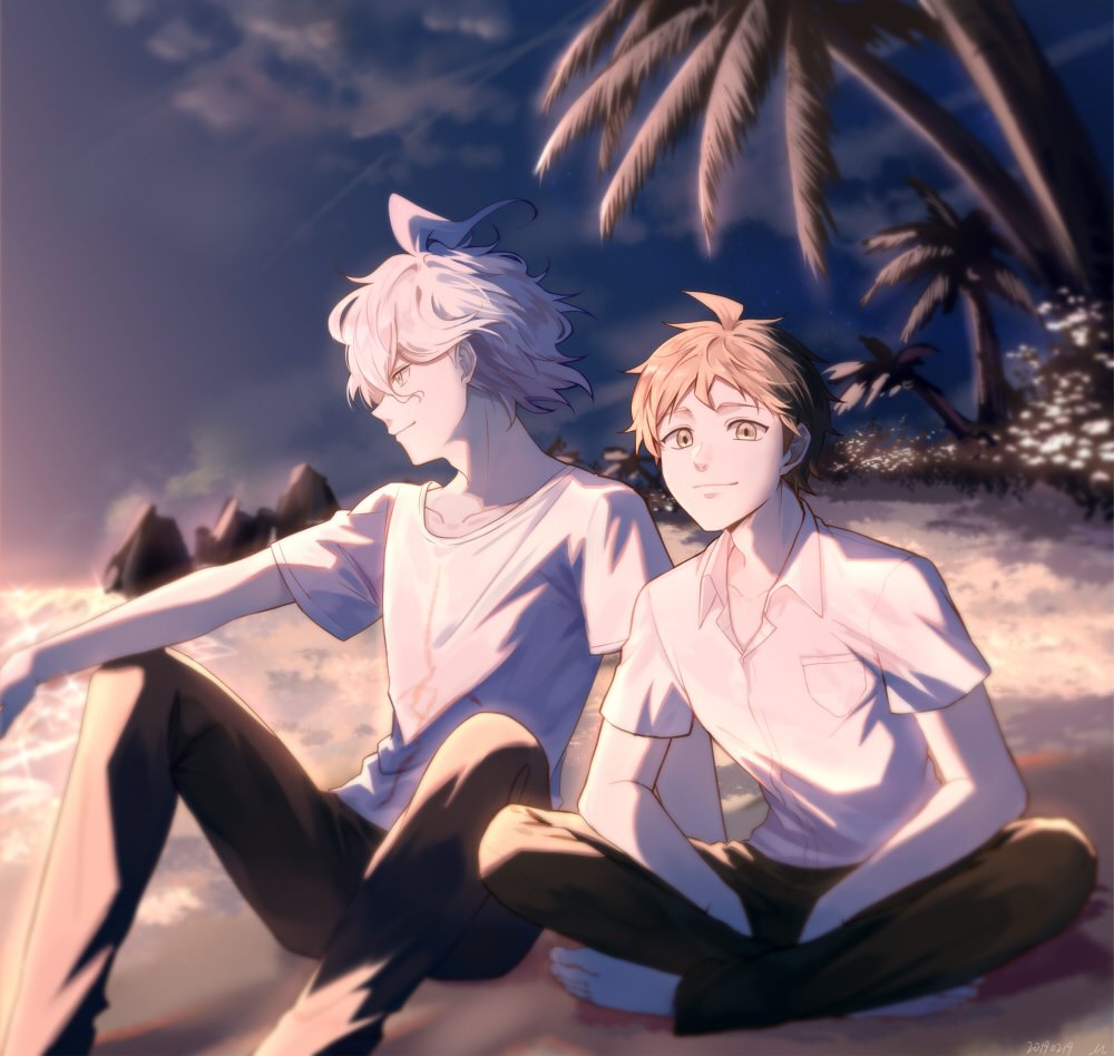 2boys ahoge bangs barefoot beach black_pants blurry breast_pocket brown_eyes brown_hair brown_pants closed_mouth collared_shirt commentary_request dangan_ronpa_(series) dangan_ronpa_2:_goodbye_despair day depth_of_field feet_out_of_frame hinata_hajime indian_style komaeda_nagito looking_at_viewer male_focus meipoi messy_hair multiple_boys on_ground outdoors palm_tree pants pocket print_shirt sand shiny shiny_hair shirt short_hair short_sleeves sitting smile striped striped_shirt tree white_shirt