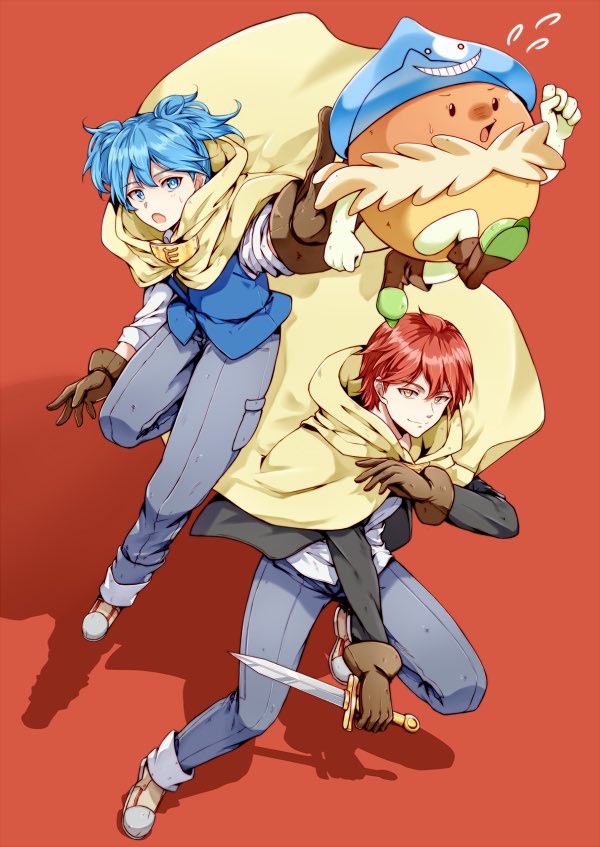 2boys akabane_karma ansatsu_kyoushitsu bangs blue_eyes blue_hair blue_headwear blue_vest boots brown_gloves commentary_request denim fighting_stance flying_sweatdrops gloves hat jeans knee_up koro-sensei_quest looking_at_viewer male_focus meipoi multiple_boys official_alternate_costume open_mouth pants red_background redhead scarf shiota_nagisa shoes short_hair simple_background smile sword vest weapon