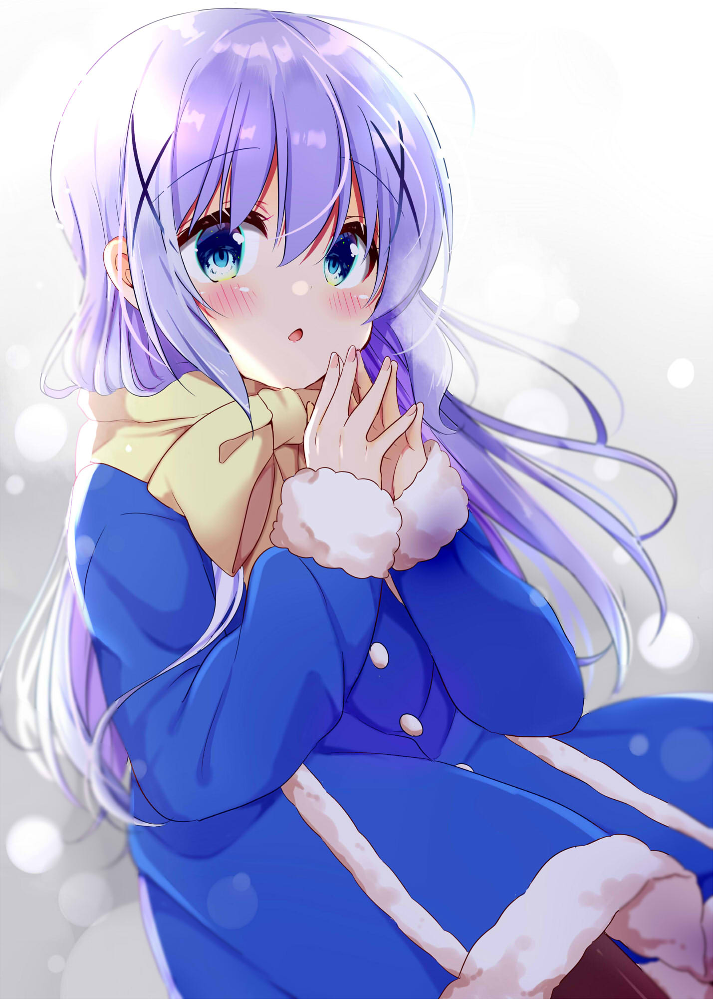 1girl blue_coat blue_eyes blush bow breath coat cold commentary_request dot_nose eyebrows_visible_through_hair fur-trimmed_sleeves fur_trim gochuumon_wa_usagi_desu_ka? hair_ornament hands_together highres kafuu_chino kiyo_(yamazoe1122) light_blue_hair long_hair long_sleeves looking_at_viewer open_mouth own_hands_together pantyhose scarf scarf_bow solo winter winter_clothes winter_coat x_hair_ornament yellow_scarf
