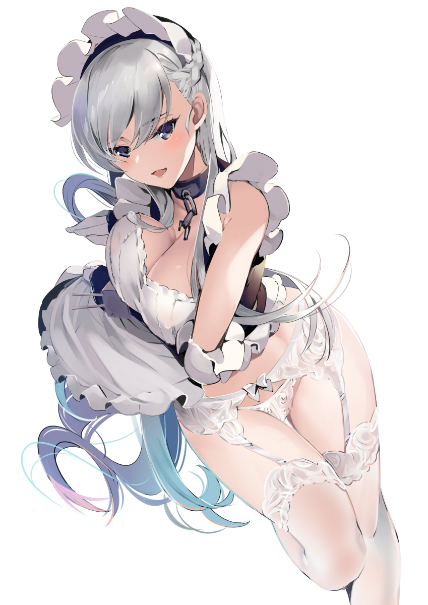 1girl ann_(ann58533111) apron azur_lane belfast_(azur_lane) blue_eyes blush floating_hair full_body hair_between_eyes highres long_hair looking_at_viewer maid maid_apron maid_headdress open_mouth panties strap thick_thighs thigh-highs thigh_strap thighs twisted_torso underwear white_hair