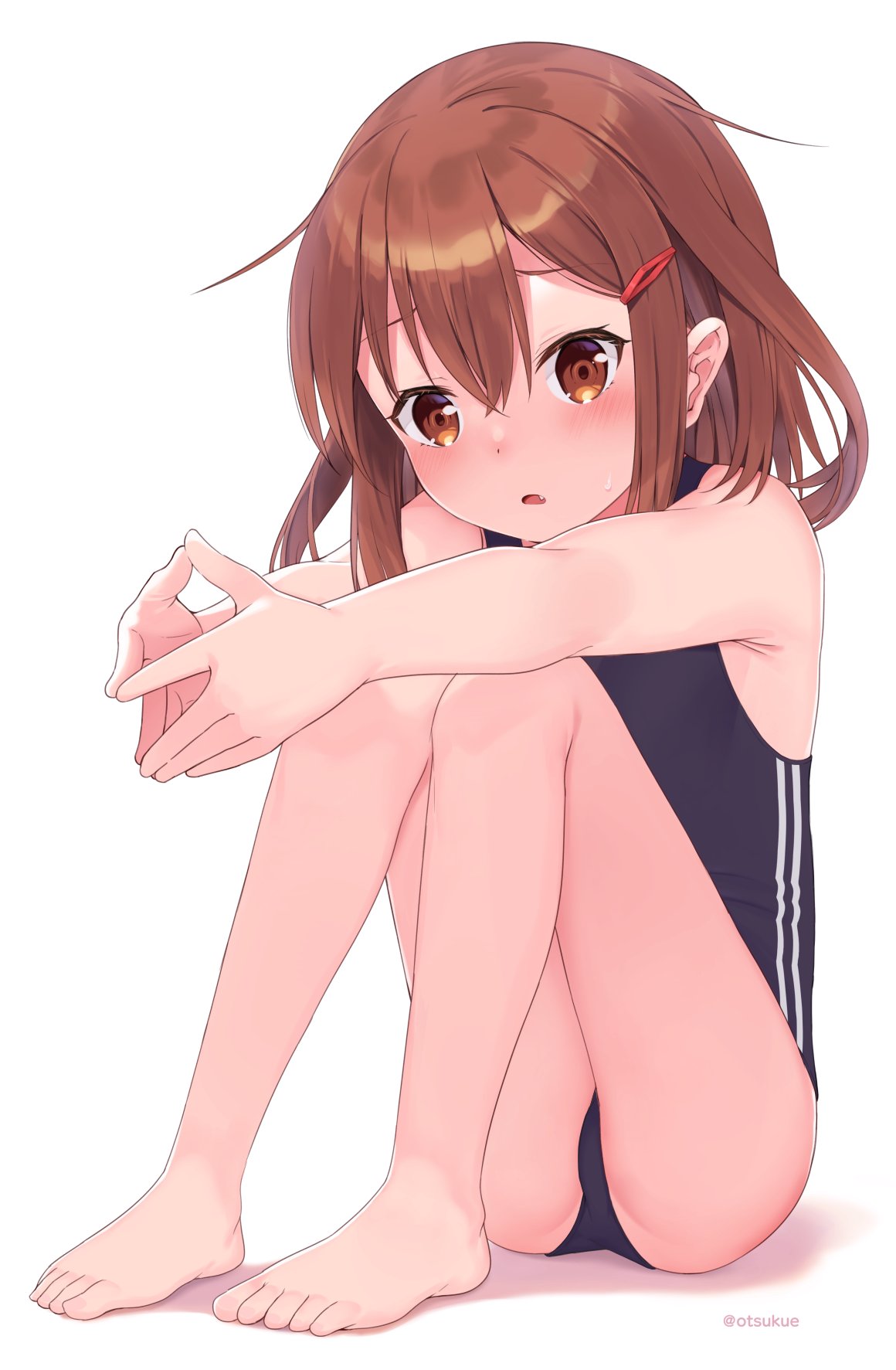 1girl ass barefoot black_swimsuit brown_eyes brown_hair child dx_(dekusu) fang hair_between_eyes hair_ornament hairclip highres ikazuchi_(kantai_collection) kantai_collection one-piece_swimsuit open_mouth shadow short_hair simple_background solo swimsuit toes twitter_username white_background