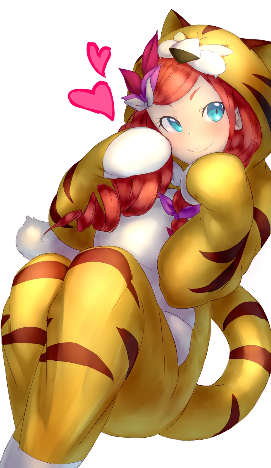 1girl animal_costume animal_hood animal_print anna_fugo blue_eyes blush braid cosplay drill_hair exxe_mkii granbelm hair_over_shoulder hair_ribbon heart highres hood kigurumi knees_up long_hair paw_pose pink_ribbon redhead ribbon romaji_commentary side_braid sideways_glance simple_background sitting smile solo tiger_costume tiger_print white_background white_ribbon