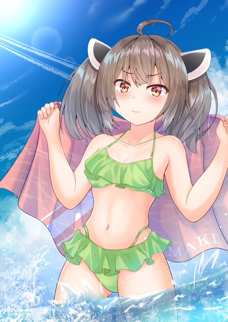 1girl ahoge bare_legs bare_shoulders beach_towel bikini blush clouds cloudy_sky collarbone day eyebrows_visible_through_hair frilled_swimsuit frills furrowed_eyebrows green_bikini headgear holding holding_towel looking_at_viewer navel outdoors sky solo stomach sunlight swimsuit touhoku_kiritan towel twintails voiceroid wading yonrayume