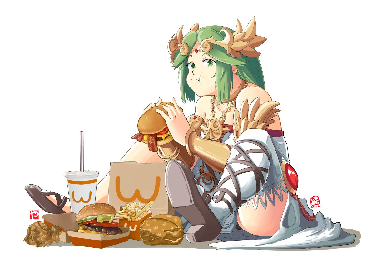 1girl automatic_giraffe breasts dress eating food forehead_jewel french_fries green_eyes green_hair hamburger high_heels jewelry kid_icarus laurel_crown long_hair looking_at_viewer palutena pendant sandals single_thighhigh sitting sitting_on_floor solo strapless strapless_dress studiolg thigh-highs vambraces white_legwear