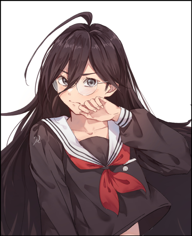 1girl ahoge bangs bespectacled black_border black_eyes black_hair black_serafuku black_shirt blush border braid closed_mouth collarbone commentary_request dangan_ronpa:_trigger_happy_havoc dangan_ronpa_(series) fukawa_touko glasses hair_between_eyes hand_up long_hair long_sleeves looking_at_viewer meipoi neckerchief round_eyewear school_uniform serafuku shirt simple_background solo upper_body white_background