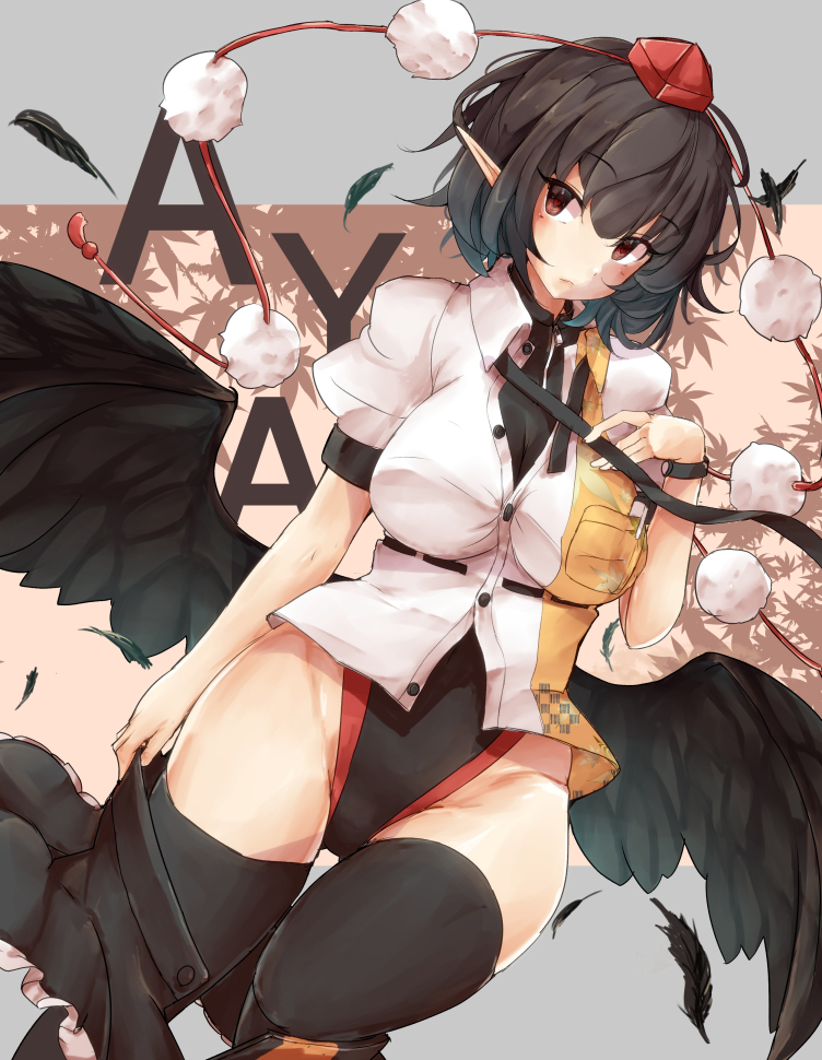 1girl bangs black_hair black_legwear black_skirt black_swimsuit black_wings blush breast_pocket breasts character_name closed_mouth competition_swimsuit eyebrows_visible_through_hair feathered_wings feathers frilled_skirt frills hand_on_own_chest hat heart heart-shaped_pupils highleg highleg_swimsuit impossible_clothes impossible_shirt jyaoh0731 large_breasts leaf leaf_background looking_at_viewer low_wings one-piece_swimsuit pen pocket pointy_ears pom_pom_(clothes) red_eyes red_headwear shameimaru_aya shirt short_hair short_sleeves skirt skirt_pull solo swimsuit swimsuit_under_clothes symbol-shaped_pupils thigh-highs tokin_hat touhou undressing white_shirt wings wristband zipper_pull_tab