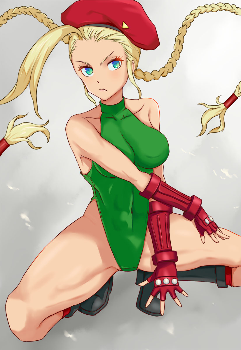 1girl ahoge beret black_footwear blonde_hair blue_eyes boots braid cammy_white commentary_request cross-laced_footwear fingerless_gloves gloves green_leotard hat highleg highleg_swimsuit highres huge_ahoge lace-up_boots leotard long_hair looking_at_viewer machiee red_gloves red_headwear solo squatting street_fighter street_fighter_v swimsuit turtleneck twin_braids