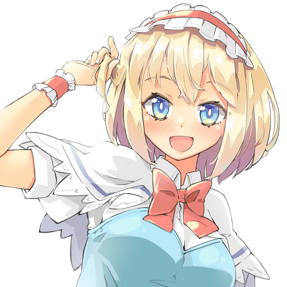 1girl adjusting_hair alice_margatroid arnest bangs blonde_hair blue_dress blue_eyes blush bow bowtie breasts capelet collared_shirt dress eyebrows_visible_through_hair frills hairband lolita_hairband looking_at_viewer open_mouth puffy_short_sleeves puffy_sleeves red_bow sash shirt short_hair short_sleeves smile touhou white_background white_capelet white_shirt wristband