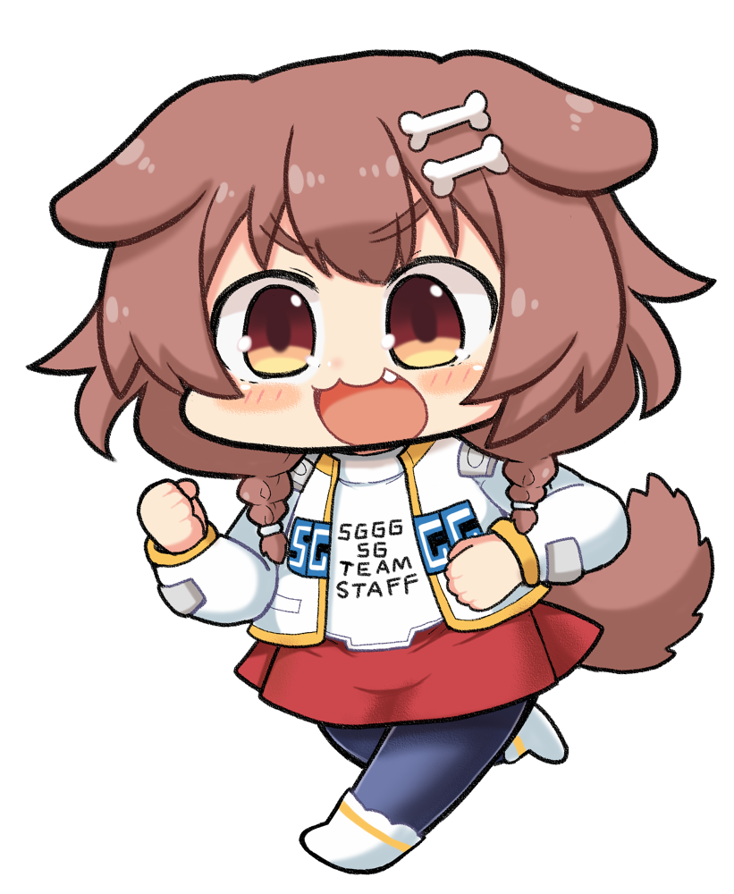 1girl :3 :d animal_ears bangs blush bone_hair_ornament braid brown_eyes brown_hair chibi clenched_hands clothes_writing commentary_request cosplay cosplay_request dog_ears dog_girl dog_tail english_text eyebrows_visible_through_hair fang full_body hair_ornament hololive inugami_korone jacket long_hair long_sleeves looking_at_viewer matarou_(matarou072) open_mouth segagaga shirt skirt smile solo t-shirt tail transparent_background twin_braids virtual_youtuber white_jacket white_shirt