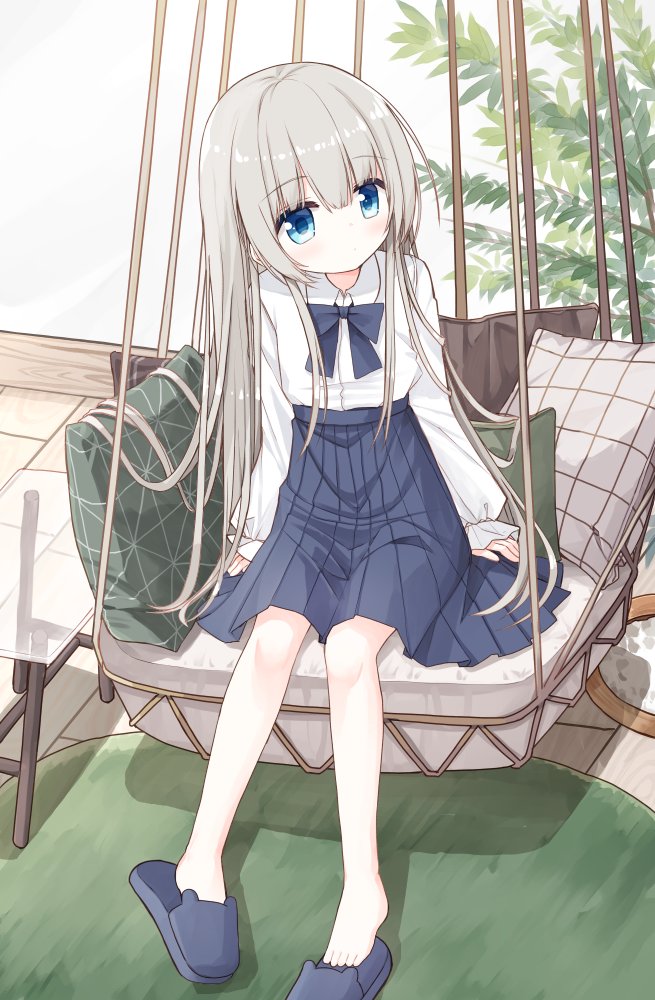 1girl bangs blue_bow blue_eyes blue_footwear blue_skirt blush bow closed_mouth collared_shirt commentary_request dress_shirt eyebrows_visible_through_hair full_body glass_table grey_hair hair_between_eyes healer_girl_(yuuhagi_(amaretto-no-natsu)) indoors long_hair long_sleeves no_socks original pillow plant pleated_skirt shirt sitting skirt sleeves_past_wrists slippers solo table very_long_hair white_shirt wooden_floor yuuhagi_(amaretto-no-natsu)