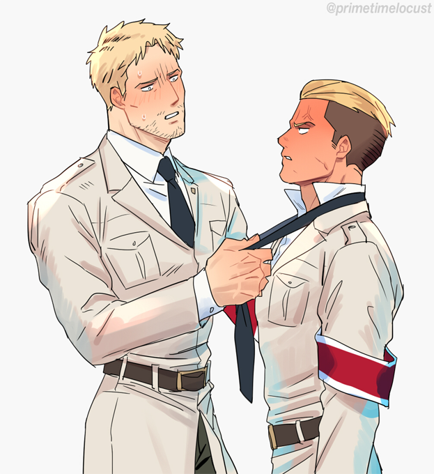 2boys adjusting_clothes adjusting_necktie anger_vein beard beige_coat belt blonde_hair blush brown_eyes coat eye_contact facial_hair hancheol_mettugi looking_at_another male_focus military military_uniform multiple_boys muscular muscular_male necktie pectorals porco_galliard reiner_braun shingeki_no_kyojin shirt stubble undercut uniform white_shirt yellow_eyes