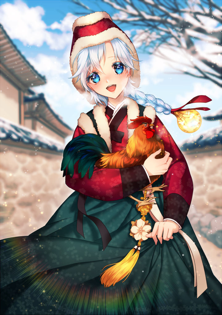 1girl :d animal architecture bare_tree bird blush braid chicken clothing_request day east_asian_architecture holding holding_animal hsmoji light_bulb long_sleeves looking_at_viewer open_mouth outdoors qurare_magic_library red_headwear rooster smile solo standing tree white_hair