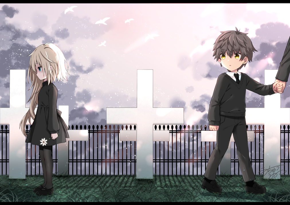 1boy 1girl :o animal bangs bird black_dress black_footwear black_hair black_legwear black_neckwear black_pants black_sweater blonde_hair blue_eyes blush child clouds cloudy_sky collared_shirt commentary_request cross dress eyebrows_visible_through_hair fence flower hair_between_eyes holding holding_flower holding_hands kai-kun letterboxed loafers long_hair long_sleeves looking_away necktie original out_of_frame outdoors pants pantyhose parted_lips profile shirt shoes sky sleeves_past_wrists socks sweater tia-chan uchuuneko very_long_hair white_flower white_shirt yellow_eyes younger