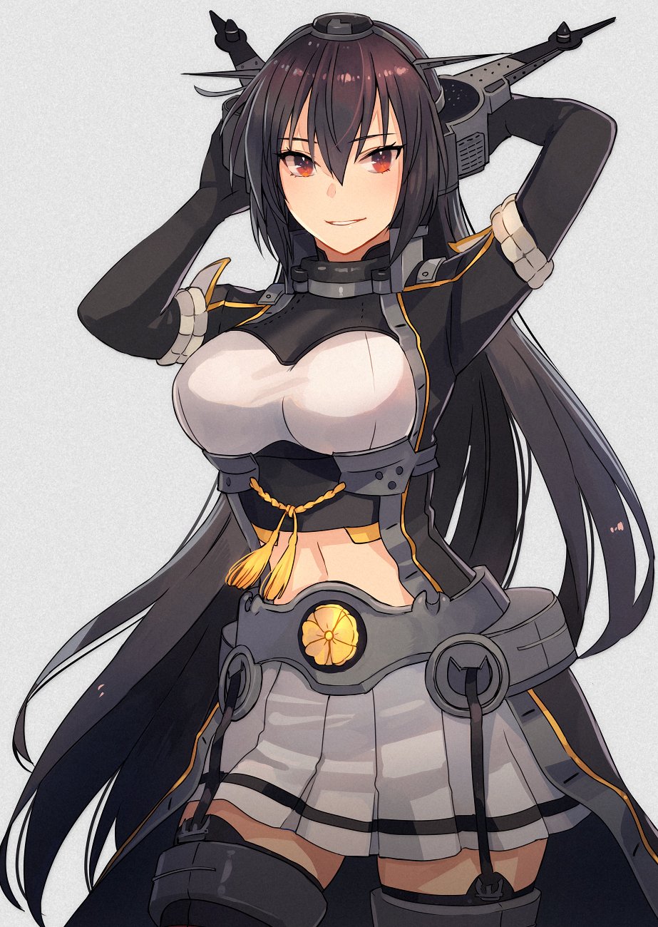 1girl black_hair breasts brown_eyes cowboy_shot eyebrows_visible_through_hair grey_background hair_between_eyes highres kantai_collection kasumi_(skchkko) large_breasts long_hair looking_at_viewer nagato_(kancolle) parted_lips simple_background skirt solo standing teeth thigh-highs very_long_hair