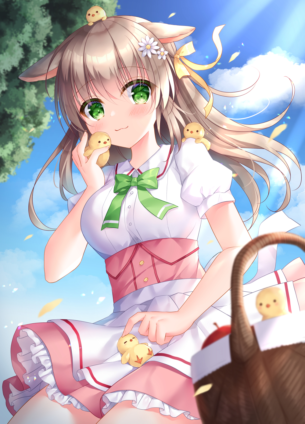 1girl animal animal_ears apron bangs bird blurry blurry_foreground blush bow breasts brown_hair chick closed_mouth collared_shirt commentary_request day depth_of_field eyebrows_visible_through_hair flower frilled_skirt frills green_bow green_eyes hair_between_eyes hair_bow hair_flower hair_ornament highres kohinata_hoshimi long_hair medium_breasts original outdoors picnic picnic_basket pink_skirt puffy_short_sleeves puffy_sleeves rabbit_ears shirt short_sleeves skirt smile solo waist_apron white_apron white_flower white_shirt yellow_bow