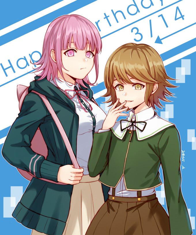 1boy 1girl backpack bag bangs black_ribbon black_shirt blue_background breasts brown_eyes brown_hair cat_bag collared_shirt dangan_ronpa:_trigger_happy_havoc dangan_ronpa_(series) dangan_ronpa_2:_goodbye_despair dated flipped_hair frown fujisaki_chihiro green_jacket green_shirt happy_birthday hood jacket long_sleeves medium_breasts meipoi nanami_chiaki open_clothes open_jacket otoko_no_ko pink_bag pink_eyes pink_hair pink_ribbon pleated_skirt ribbon school_uniform shirt shirt_tucked_in short_hair skirt smile symbol_commentary white_shirt