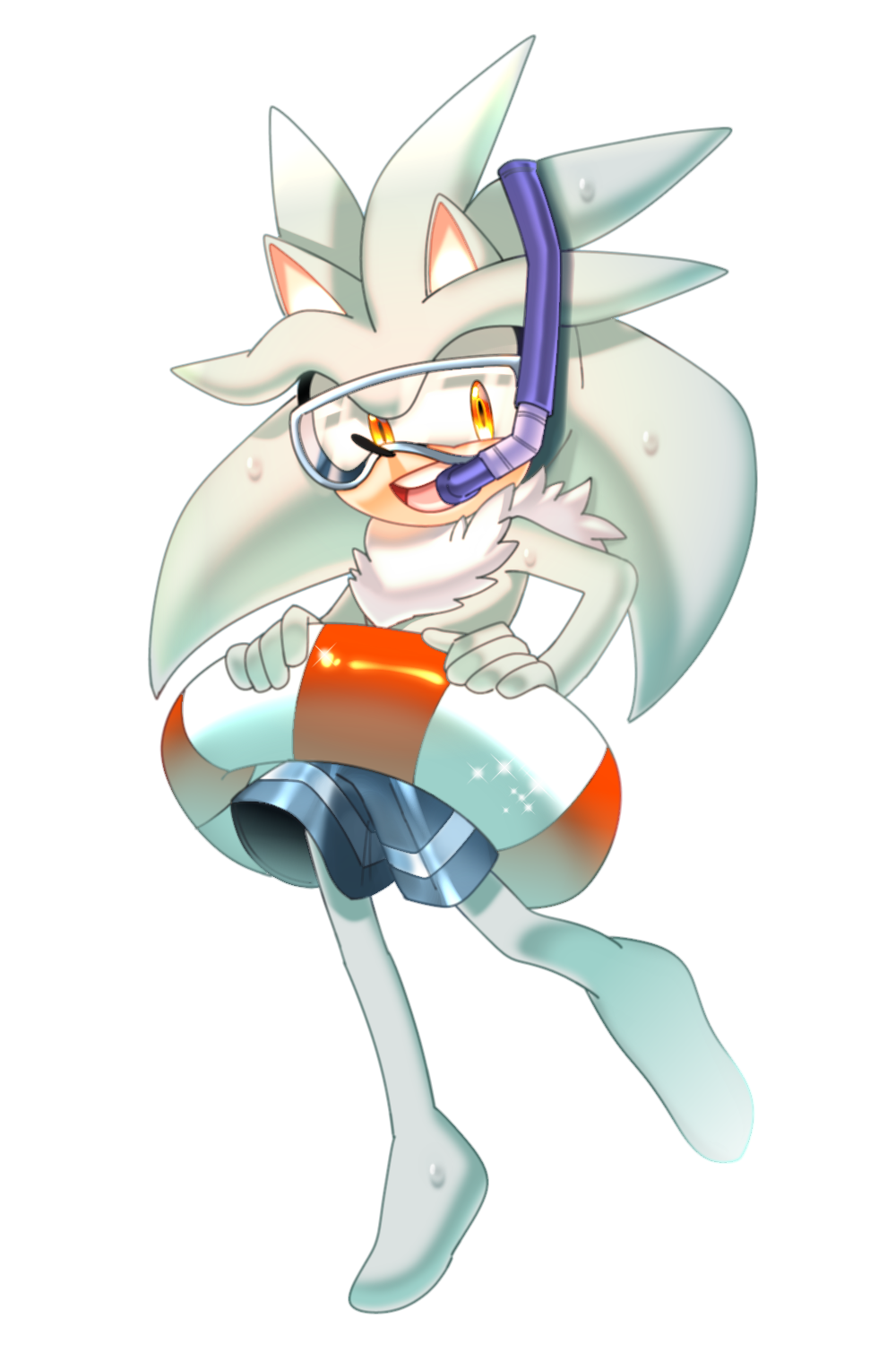1boy :d animal_ears animal_nose barefoot blue_shorts commentary full_body furry glint goggles hedgehog_ears highres innertube long_hair looking_away looking_to_the_side male_focus male_swimwear open_mouth shorts sideways_glance silver_hair silver_the_hedgehog simple_background smile snorkel solo sonic_the_hedgehog_(2006) standing standing_on_one_leg sucho swim_trunks swimwear symbol_commentary tongue transparent_background upper_teeth wet wet_hair white_hair yellow_eyes