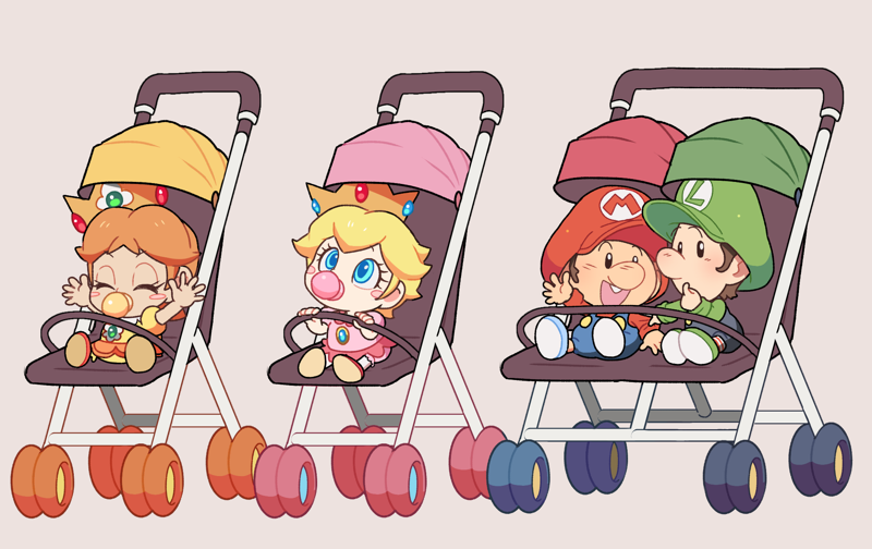 2boys 2girls arms_up baby baby_daisy baby_luigi baby_mario baby_peach blonde_hair blue_eyes blue_pants blush blush_stickers brothers brown_hair closed_eyes crown dress eyelashes full_body gem green_gemstone green_headwear green_shirt grey_background hat hoshikuzu_pan looking_at_another looking_up luigi mario multiple_boys multiple_girls open_mouth orange_dress overalls pacifier pants pink_dress princess_daisy princess_peach red_gemstone red_headwear red_shirt shirt shoes short_hair short_sleeves siblings simple_background sitting smile stroller super_mario_bros. white_footwear