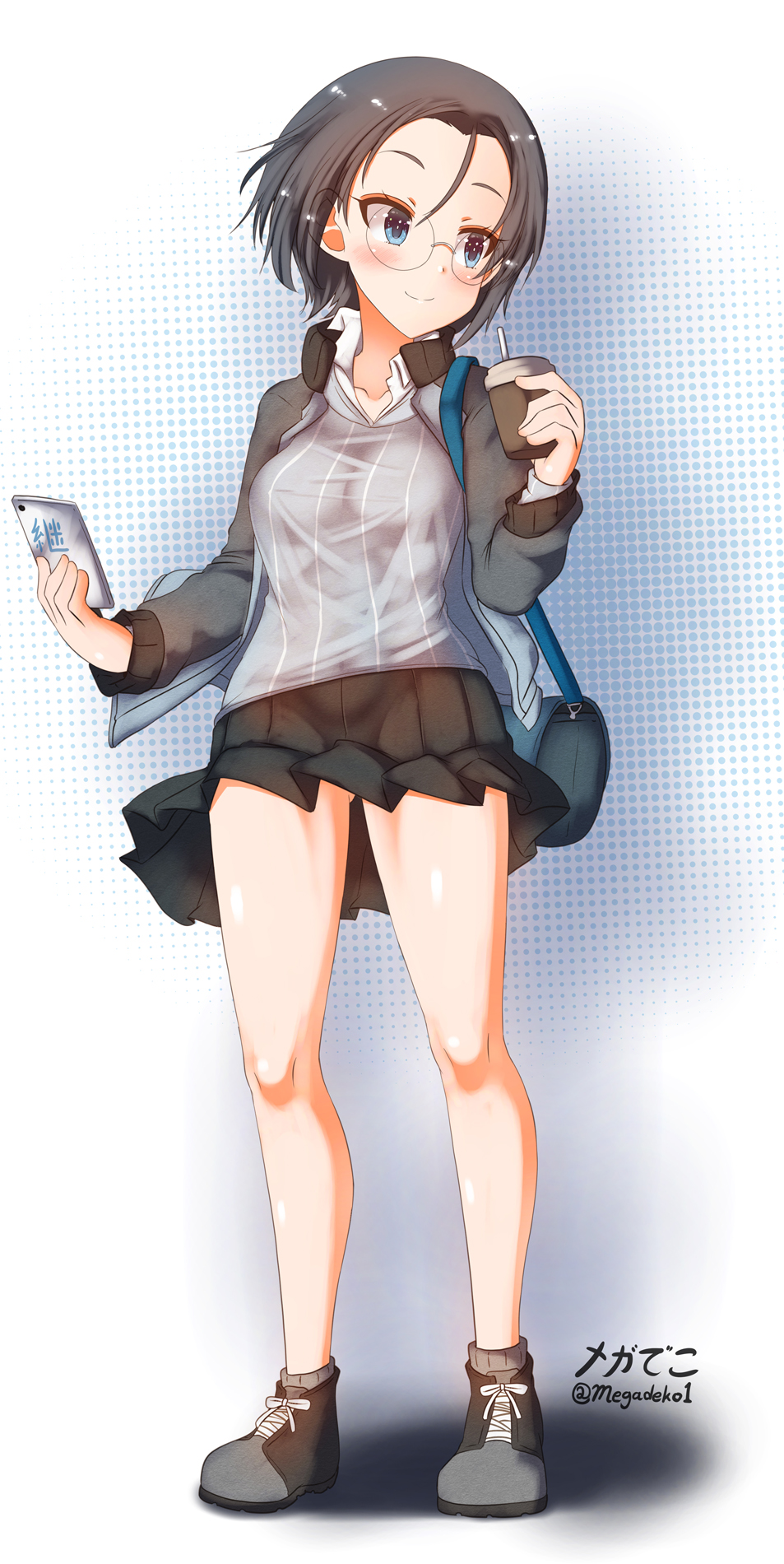 1girl aquaegg artist_name ass_visible_through_thighs bag bare_legs black_footwear black_skirt blue_eyes blue_jacket blush breasts cellphone closed_eyes collarbone collared_shirt cup drinking_straw full_body girls_und_panzer glasses grey_hair grey_legwear grey_sweater hair_between_eyes halftone halftone_background handbag highres holding holding_cup holding_phone jacket keizoku_military_uniform legs long_sleeves looking_to_the_side medium_breasts miniskirt open_clothes open_jacket phone pleated_skirt round_eyewear rumi_(girls_und_panzer) shirt short_hair skirt smile socks standing striped striped_shirt sweater thighs track_jacket twitter_username vertical-striped_shirt vertical_stripes white_shirt