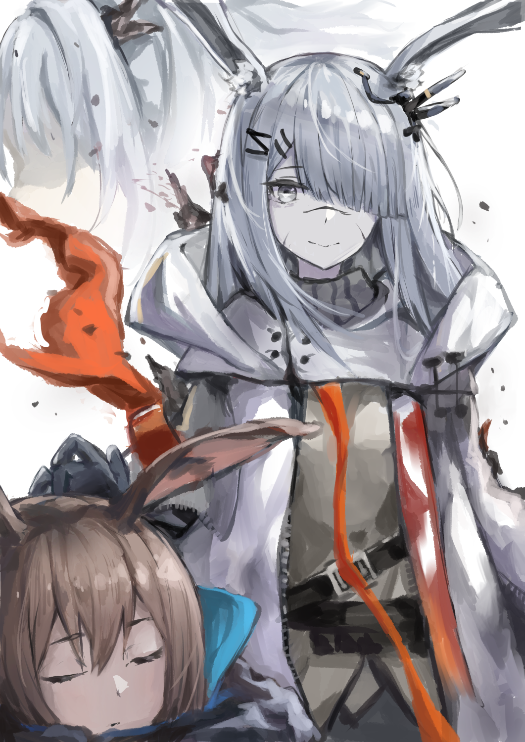 2girls amiya_(arknights) animal_ears arknights black_gloves black_jacket closed_eyes coat ear_ornament frostnova_(arknights) gloves grey_eyes grey_hair grey_shirt hair_ornament hair_over_one_eye hairclip highres hood hood_down hooded_coat imminent_headpat jacket multiple_girls one_eye_covered open_clothes open_coat rabbit_ears rabbit_girl rainbow_(pixiv_66183854) scar scar_on_face scar_on_nose shirt simple_background smile white_background white_coat