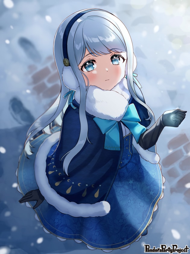 1girl bangs black_gloves blue_bow blue_capelet blue_eyes blue_skirt blush bow capelet character_request closed_mouth commentary_request copyright_name earmuffs elbow_gloves eyebrows_visible_through_hair from_above fur-trimmed_capelet fur_trim gloves hand_up high-waist_skirt long_hair looking_at_viewer looking_up luna_(mi-chanman) official_art pandora_party_project shirt silver_hair skirt snow snowing solo standing very_long_hair watermark white_shirt