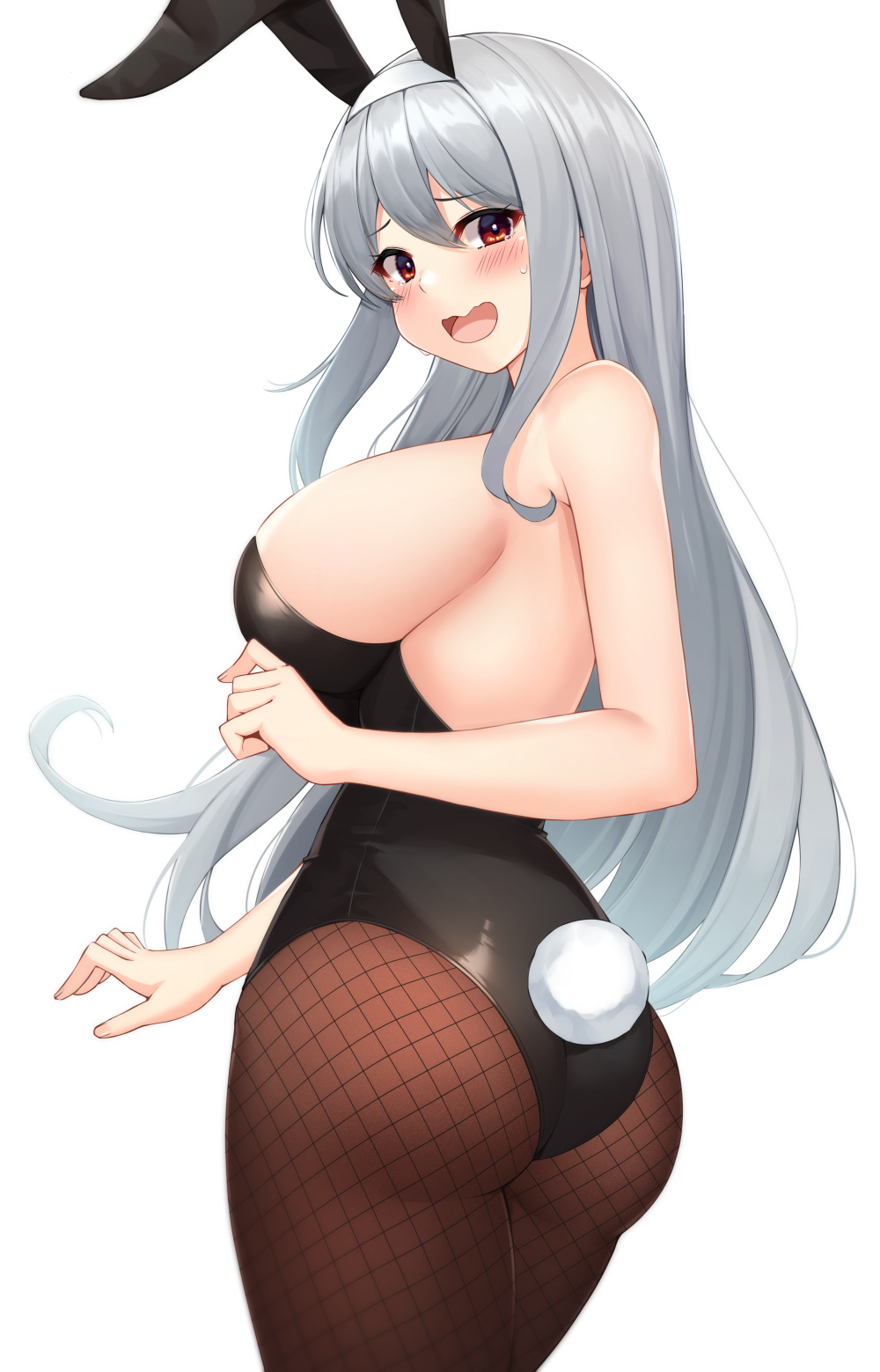 1girl :d animal_ears ass backless_leotard backless_outfit bare_arms bare_shoulders black_leotard breasts brown_legwear bunny_tail cowboy_shot fake_animal_ears fishnet_legwear fishnets from_behind hairband highres large_breasts leotard long_hair looking_at_viewer looking_back maemi_(maemi12) no_bra open_mouth original pantyhose playboy_bunny rabbit_ears red_eyes silver_hair simple_background smile solo standing strapless strapless_leotard sweatdrop tail wavy_mouth white_background