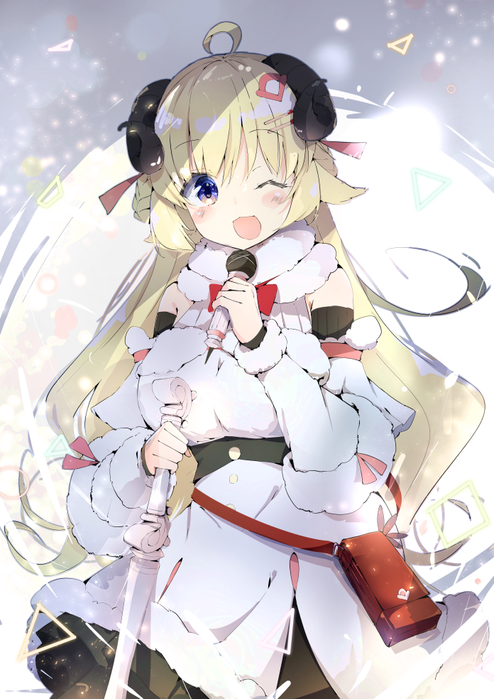 1girl :d ahoge animal_ears bare_shoulders belt_pouch black_skirt blonde_hair blue_eyes blush bow bowtie braid breasts cowboy_shot detached_sleeves dress fur-trimmed_dress fur-trimmed_sleeves fur_trim hair_ornament hairclip half_updo holding holding_microphone holding_microphone_stand hololive horns large_breasts long_hair looking_at_viewer microphone microphone_stand miniskirt music nekopote one_eye_closed open_mouth pleated_skirt pouch red_neckwear ribbed_sleeves sheep_ears sheep_girl sheep_horns singing skirt sleeveless sleeveless_dress smile solo tsunomaki_watame very_long_hair violet_eyes virtual_youtuber white_dress