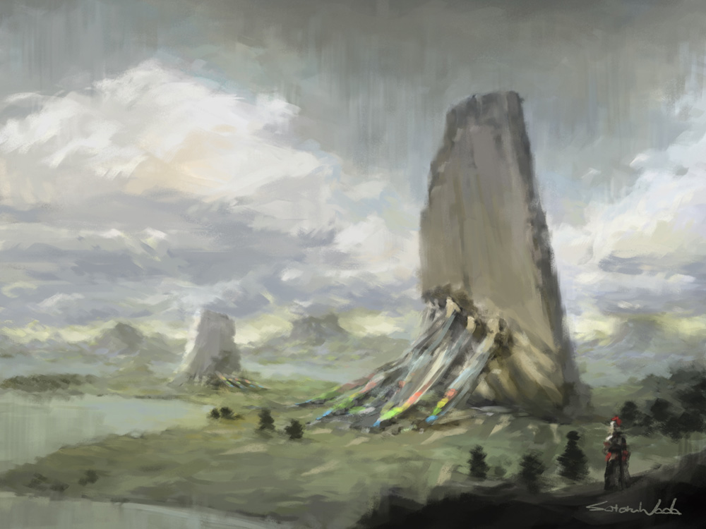 1other armor clouds commentary_request fantasy from_behind full_body grey_sky knight original painterly rainbow_order rock satoru_wada scenery signature sky standing tree water yellow_eyes