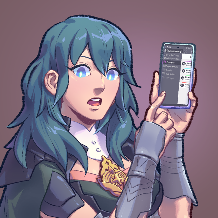 1girl blue_eyes blue_hair bright_pupils byleth_(fire_emblem) byleth_eisner_(female) cellphone fire_emblem fire_emblem:_three_houses garreg_mach_monastery_uniform medium_hair open_mouth phone pockypalooza pointing purple_background simple_background smartphone super_smash_bros. upper_body