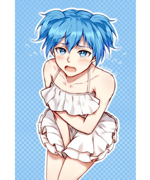 1boy ansatsu_kyoushitsu bangs bare_arms bare_shoulders between_legs bikini blue_background blue_eyes blue_hair blush collarbone covering covering_breasts cowboy_shot crossdressinging dated dress flying_sweatdrops hand_between_legs looking_at_viewer male_focus meipoi open_mouth otoko_no_ko shiota_nagisa short_hair short_twintails solo swimsuit tearing_up twintails white_background