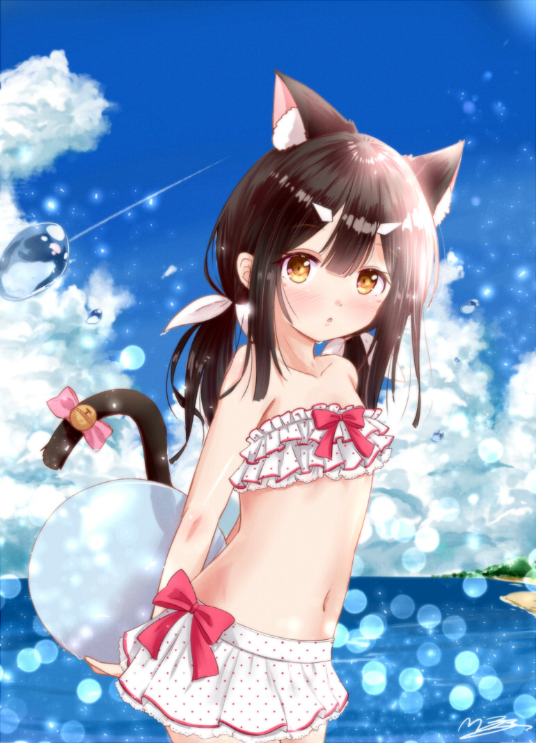 1girl animal_ears ball bikini blush brown_hair cat_ears clouds fate/kaleid_liner_prisma_illya fate_(series) frilled_bikini frills m_ko_(maxft2) miyu_edelfelt navel ocean ribbon solo swimsuit swimwear tail tail_ornament tail_ribbon yellow_eyes