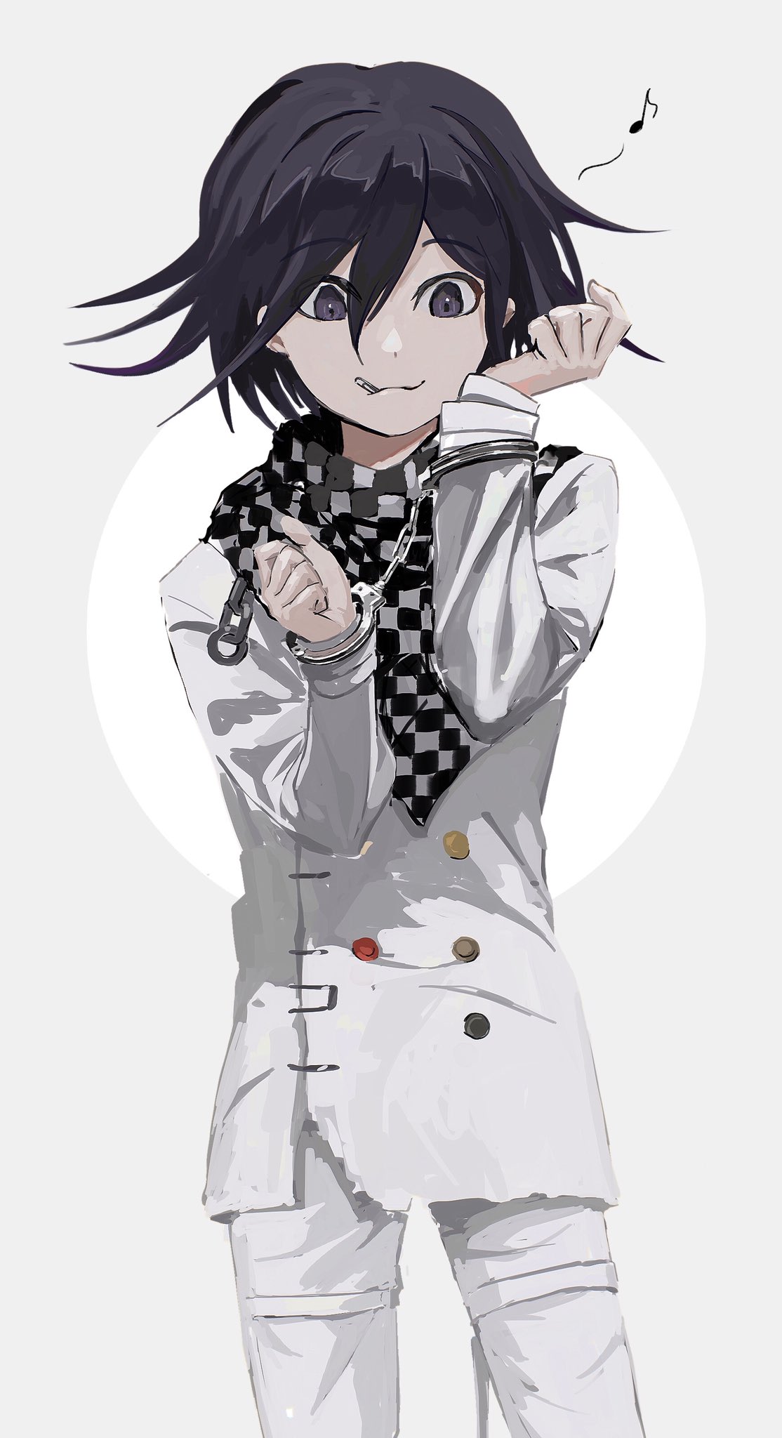 1boy 55ll221 bangs black_hair checkered checkered_neckwear checkered_scarf clip commentary_request cowboy_shot cuffed cuffs dangan_ronpa_(series) dangan_ronpa_v3:_killing_harmony double-breasted eighth_note grey_background hair_between_eyes handcuffs hands_up highres jacket long_sleeves looking_at_viewer male_focus mouth_hold musical_note ouma_kokichi pants scarf smile solo straitjacket upper_body violet_eyes white_jacket white_pants
