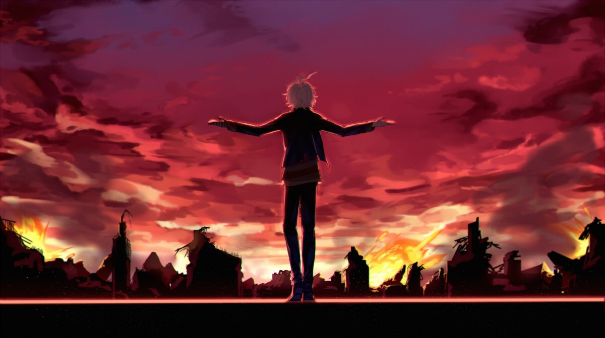 1boy ahoge black_jacket black_pants clouds cloudy_sky dangan_ronpa_(series) dangan_ronpa_another_episode:_ultra_despair_girls explosion fire from_behind grey_hair hands_up heel_up jacket komaeda_nagito long_sleeves male_focus meipoi messy_hair outstretched_arms pants ruins scenery shirt shoes short_hair sky smoke standing striped striped_shirt sunset torn_jacket