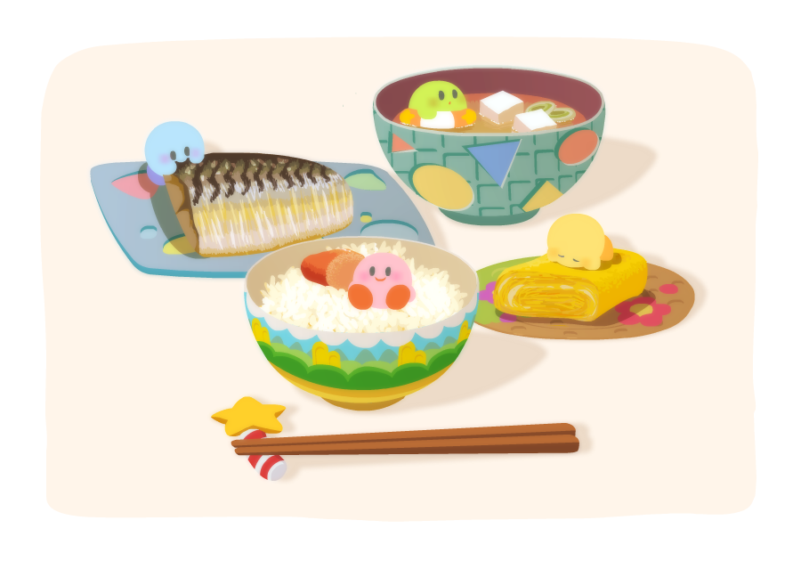 blush border bowl chopstick_rest chopsticks closed_mouth commentary_request eating fish floating floral_print food full_body innertube kirby kirby's_dream_land kirby_(series) miso_soup no_humans okku_oxn omelet rice simple_background sitting sleeping smile spring_onion star_(symbol) tamagoyaki tofu wand white_border