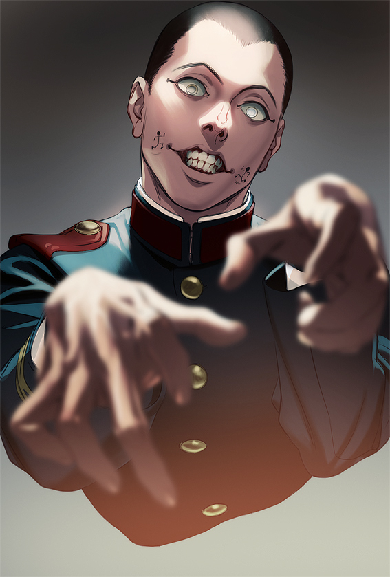 1boy black_eyes black_hair blue_jacket buttons buzz_cut collared_jacket cropped_torso evil_smile golden_kamuy grey_eyes hat imperial_japanese_army jacket kepi long_sleeves looking_at_viewer male_focus military military_hat military_uniform mole no_pupils puppet_strings short_hair simple_background smile solo spotlight teeth uniform upper_body usami_tokishige very_short_hair w55674570w