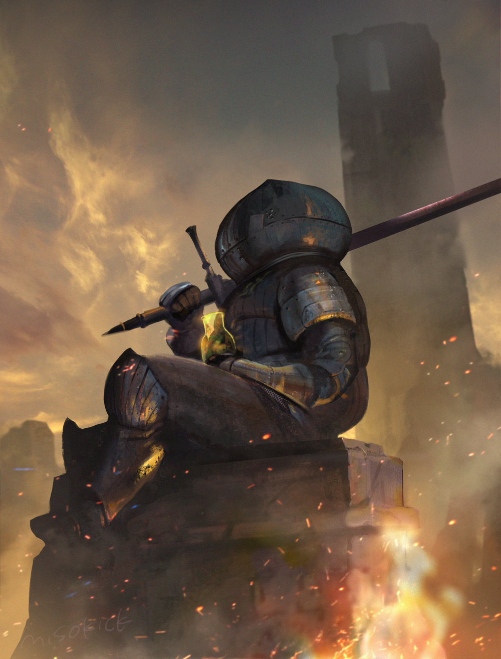 1boy armor dark_souls day estus_flask fire from_side full_armor gauntlets helm helmet highres holding holding_weapon knight male_focus miso_katsu outdoors over_shoulder realistic shield shiny siegmeyer_of_catarina sitting solo souls_(from_software) sword tower weapon weapon_over_shoulder zweihander