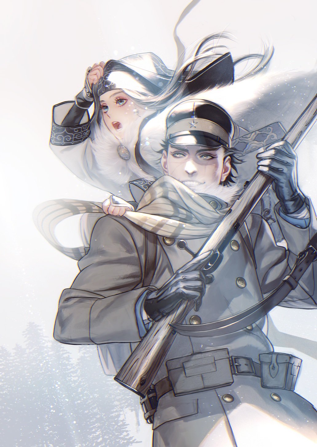1boy 1girl ainu ainu_clothes arisaka asirpa black_eyes black_hair blue_bandana blue_eyes blue_jacket bolt_action bow_(weapon) buttons cape collared_jacket earrings fog fur_cape golden_kamuy gun hat highres hoop_earrings imperial_japanese_army jacket jewelry kepi long_hair long_sleeves military military_hat military_uniform rifle scar scar_on_cheek scar_on_face scar_on_nose scarf short_hair simple_background smile snowing spiky_hair sugimoto_saichi uniform upper_body w55674570w weapon white_cape wind yellow_scarf