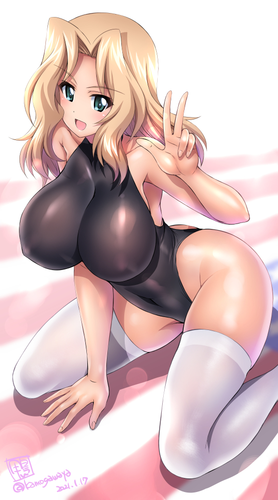 1girl :d ass bangs bare_shoulders black_leotard blonde_hair blush breasts collarbone covered_navel covered_nipples dated eyebrows_visible_through_hair girls_und_panzer green_eyes halterneck highleg highleg_leotard inflatable_raft kamogawa_tanuki kay_(girls_und_panzer) large_breasts leotard long_hair looking_at_viewer open_mouth parted_bangs shiny shiny_hair signature skin_tight smile solo thigh-highs w white_legwear