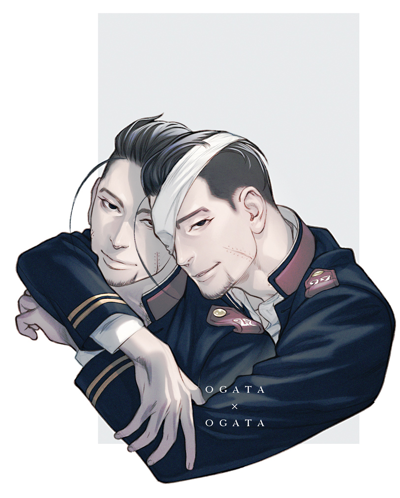 2boys arms_around_neck black_eyes black_hair blue_jacket buttons character_name clone collared_jacket cropped_torso eyepatch facial_hair golden_kamuy hair_slicked_back hair_strand imperial_japanese_army jacket male_focus military military_uniform multiple_boys ogata_hyakunosuke scar scar_on_cheek scar_on_face short_hair simple_background smile stubble undercut uniform w55674570w