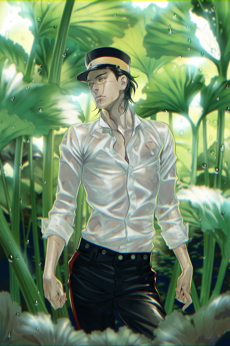 1boy black_hair black_pants contrapposto expressionless golden_kamuy hat kepi leather leather_pants looking_to_the_side male_focus military_hat miniboy oversized_plant pants pectorals plant scar scar_on_cheek scar_on_face scar_on_nose see-through shirt short_hair simple_background solo spiky_hair sugimoto_saichi toned toned_male w55674570w wet wet_clothes wet_shirt white_shirt yellow_eyes