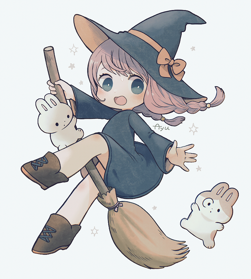 1girl ankle_boots ayu_(mog) black_dress black_eyes blush boots bow braid bright_pupils broom broom_riding brown_footwear dress falling hat hat_bow long_sleeves open_mouth orange_bow original pink_hair rabbit short_dress signature solo sparkle star_(symbol) twin_braids twintails white_background white_pupils witch witch_hat