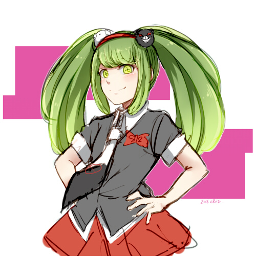 1girl bangs bear_hair_ornament black_neckwear black_shirt bow closed_mouth collared_shirt commentary_request cosplay cowboy_shot dangan_ronpa_(series) dangan_ronpa_another_episode:_ultra_despair_girls enoshima_junko enoshima_junko_(cosplay) green_eyes green_hair hair_ornament hands_on_hips long_hair looking_at_viewer lowres meipoi monaka_(dangan_ronpa) necktie red_bow red_skirt shirt short_sleeves sketch skirt smile solo twintails white_neckwear yellow_eyes