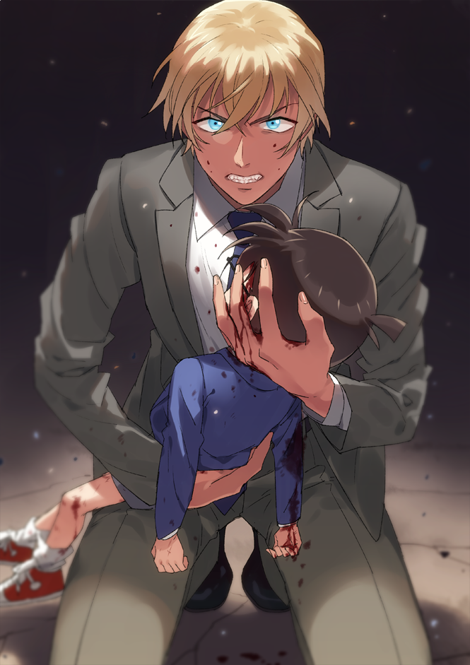 2boys amuro_tooru angry arm_around_waist bangs black_footwear blazer bleeding blonde_hair blood blood_on_face blood_on_leg bloody_clothes bloody_hands blue_eyes blue_jacket blue_neckwear brown_hair carrying child clenched_teeth collared_shirt commentary_request deep_wound dripping edogawa_conan facing_away formal gradient gradient_background grey_jacket grey_pants grey_shorts grey_suit hair_between_eyes hand_on_another's_head injury jacket k_(gear_labo) long_sleeves looking_at_viewer male_focus meitantei_conan multiple_boys necktie pants shadow shirt shoes short_hair shorts sneakers socks squatting suit teeth v-shaped_eyebrows white_legwear white_shirt
