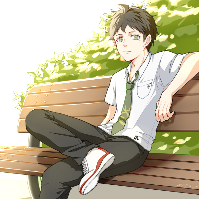 1boy bangs bench breast_pocket brown_hair closed_mouth collared_shirt crossed_legs dangan_ronpa_(series) dangan_ronpa_2:_goodbye_despair dated day green_eyes green_neckwear hand_up hinata_hajime light looking_at_viewer male_focus meipoi necktie outdoors pants pocket shirt shoes short_sleeves sitting smile sneakers solo striped white_shirt