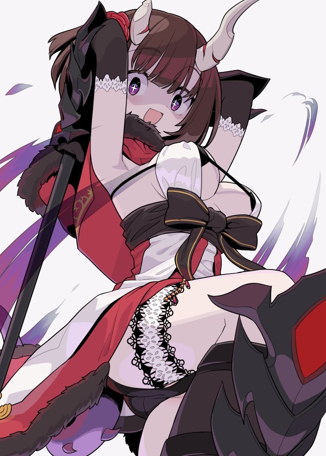 +_+ 1girl armor arms_up bangs black_bra bra breasts broken_horn brown_hair capelet detached_sleeves eriko_(princess_connect!) eyebrows_visible_through_hair fur-trimmed_capelet fur_trim garters grey_background holding holding_weapon horns large_breasts leg_garter monaka_ooji open_mouth princess_connect! princess_connect!_re:dive short_hair simple_background solo spiked_tail spikes tail underwear violet_eyes weapon