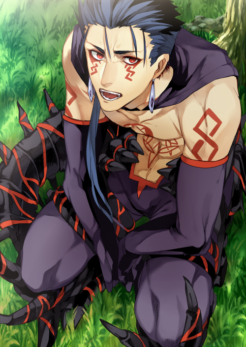 1boy 2f_sq arm_tattoo blue_hair chest_tattoo cu_chulainn_(fate)_(all) cu_chulainn_alter_(fate/grand_order) earrings elbow_gloves facial_mark fate/grand_order fate_(series) from_above gloves grass hair_over_shoulder hair_strand jewelry long_hair looking_at_viewer male_focus monster_boy open_mouth purple_gloves red_eyes solo spiked_tail spikes squatting tail tattoo tree