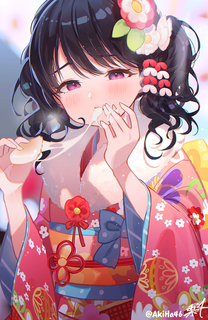 1girl black_hair blurry blurry_background commentary depth_of_field eating english_commentary floral_print flower food food_on_finger fukumaru_koito fur_collar hair_flower hair_ornament holding holding_food idolmaster idolmaster_shiny_colors japanese_clothes kimono kuri_choko long_sleeves obi pink_kimono red_flower sash signature solo twintails twitter_username white_flower wide_sleeves